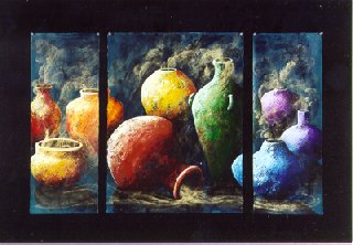 A Multitude of Pots, $ 1800 
Triptych: 34" X 53", acrylic on paper